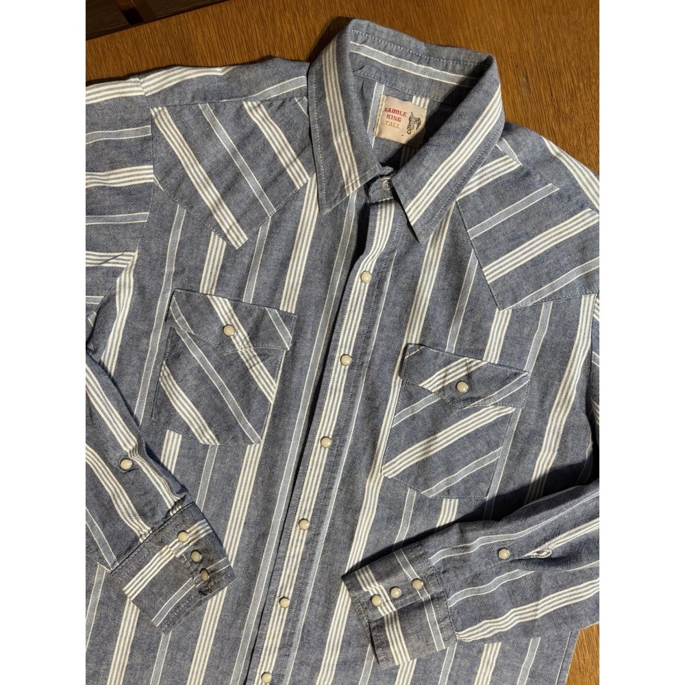 Saddle King XLTall Western Shirt Pearl Snap Blue White‎ Stripe Denim Vintage USA